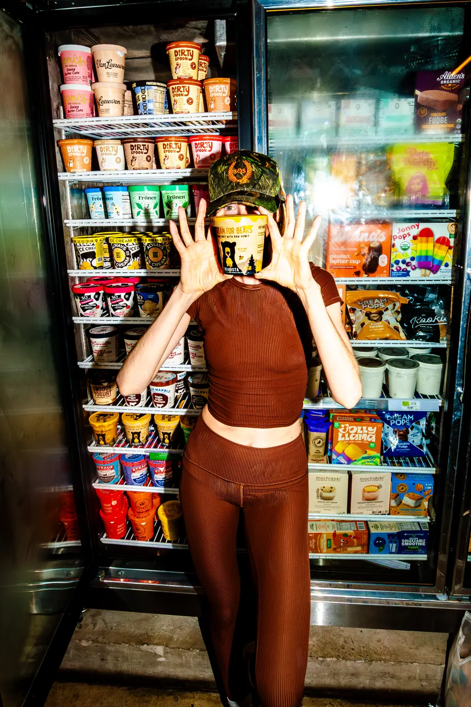 Club hat at the freezer case